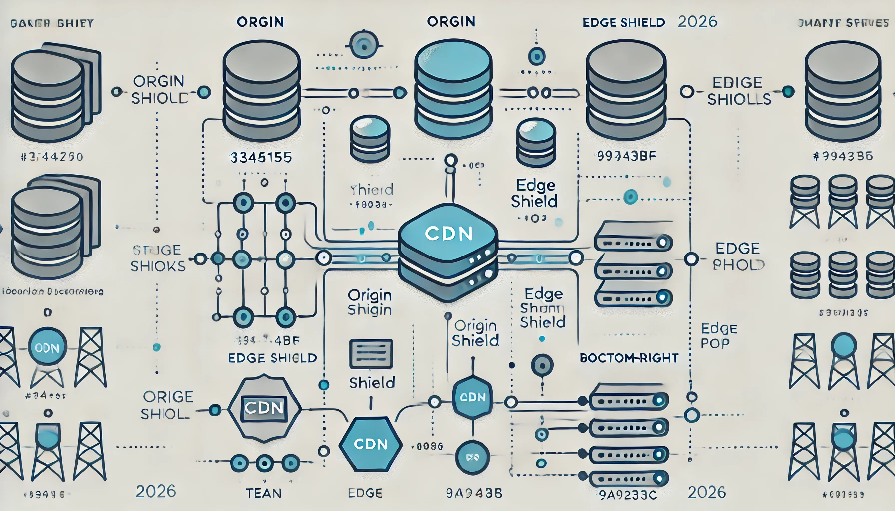 Schéma d'architecture CDN multi-couches pour streaming vidéo montrant le flux de monitoring entre origin, shield, edge PoP et players