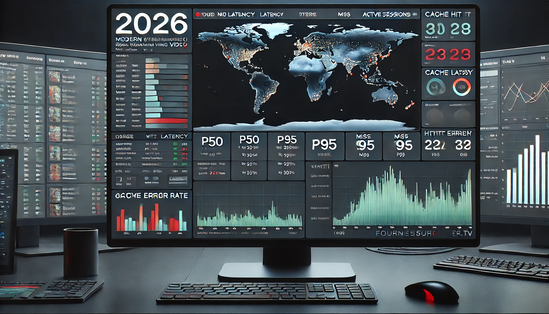 Dashboard de monitoring streaming vidéo en temps réel avec métriques CDN, graphes de latence TTFB, jauge cache HIT/MISS et carte de chaleur des PoP edge